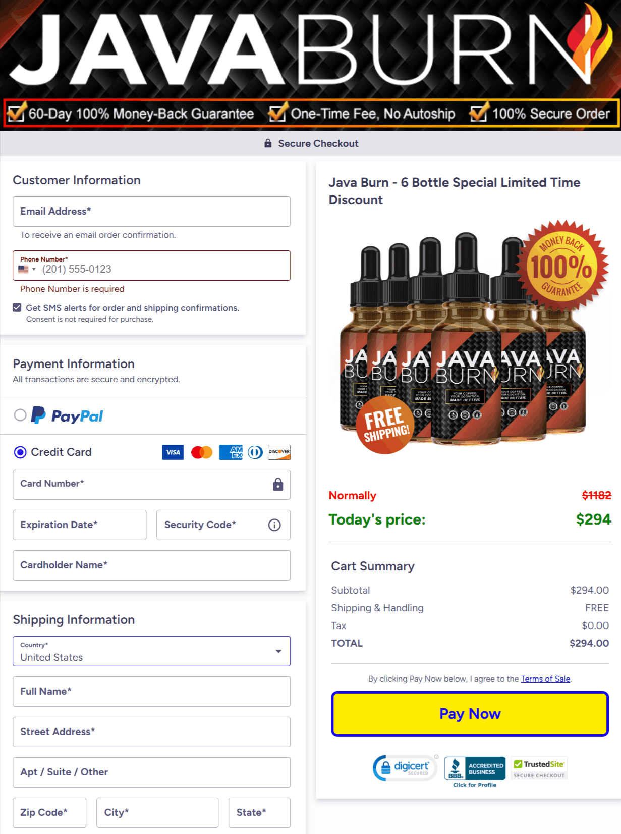 Java burn  Checkout page